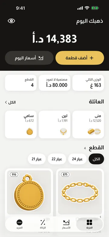 شاشة الخزنة في ذهبجي: قيمة ذهب عائلة تجريبية اليوم، ووزنه، وأفرادها، وقطعها